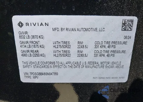 2025 Rivian R1S Adventure Dual Motor Large Pack/Adventure Dual Motor Max Pack из США, поврежденный, VIN 7PDSGBBA8SN047359
